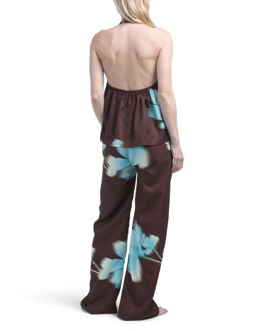 US TOGETHER 2 parçalı Halter Yerleştirilmiş Floral Saten Üst və Pantolonlar Dəsti YoxYox