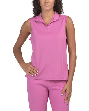 STELLA PARKER UPF 50 Solid Pique Mock Neck Cap Sleeve Qadın Köynəyi