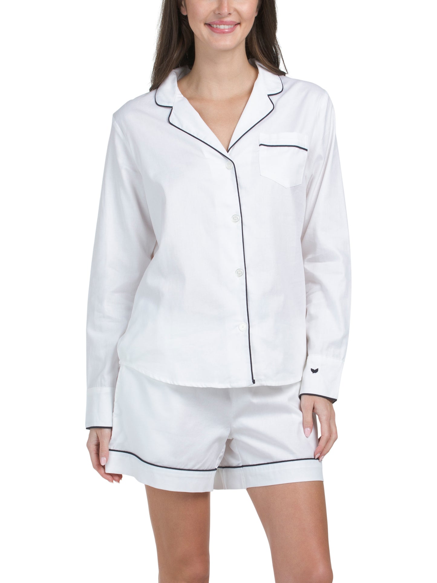 PETITE PLUME Pamuklu Twill Uzun Qol Köynək və Şorts Pijama Dəsti Boru Detaylı