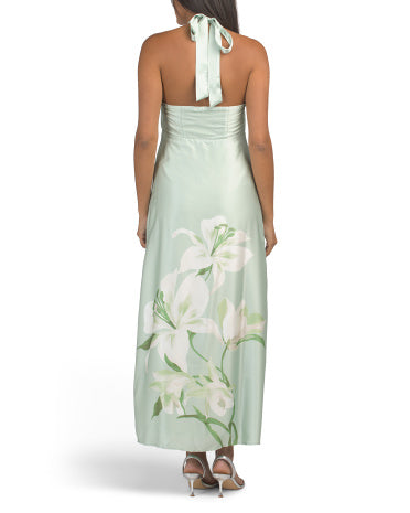 RACHEL ZOE Satin Halter Boyunlu Çiçək Naxışlı Maxi Geyim