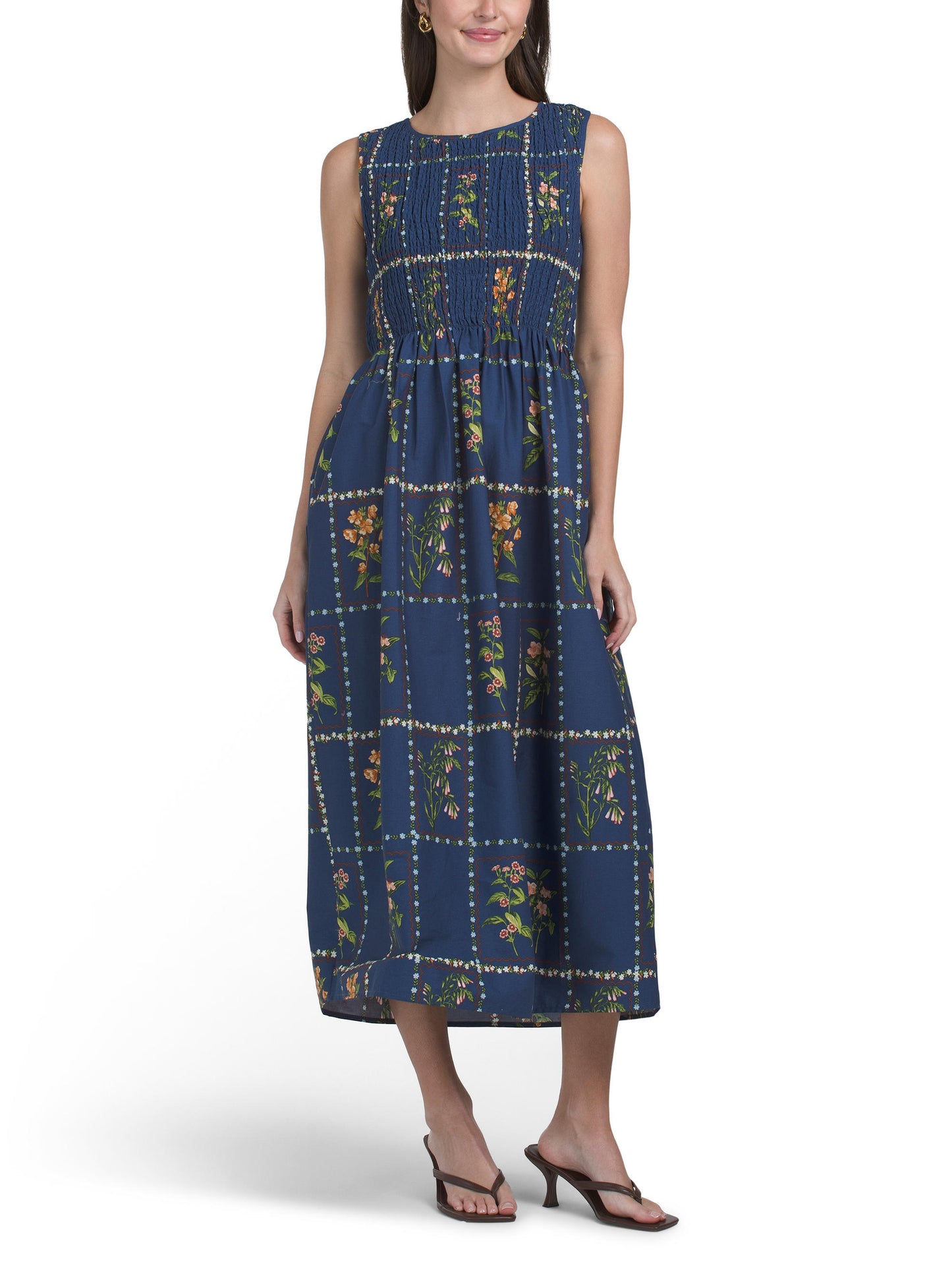 RACHEL ZOE Smocked Top Stamp Print Midi Geyimi