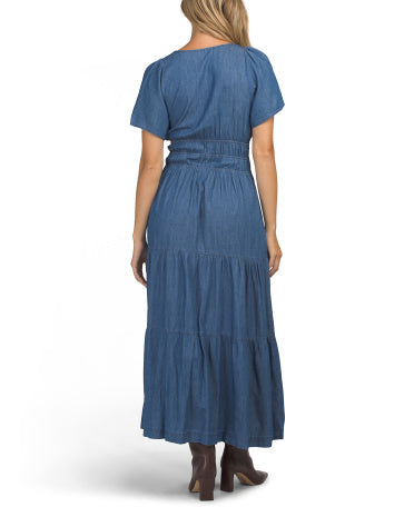 Üçlü Elastikli Smok Bel Chambray Maxi Geyim