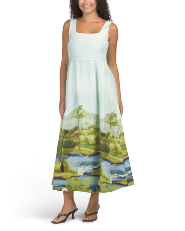 CALYPSO ST. BARTH Linen Gölçəyin Mənzərəsi Smocked Arxa Midi Geyim