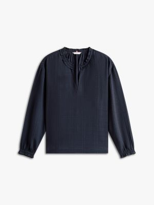 Tommy Hilfiger Şotland Deseni Şifon Pulover Bluzka, Tünd Mavi