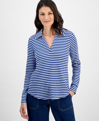 Style &amp; Co Qadın Zolaqli Vafli Dokuma Yaxalı Bluzka