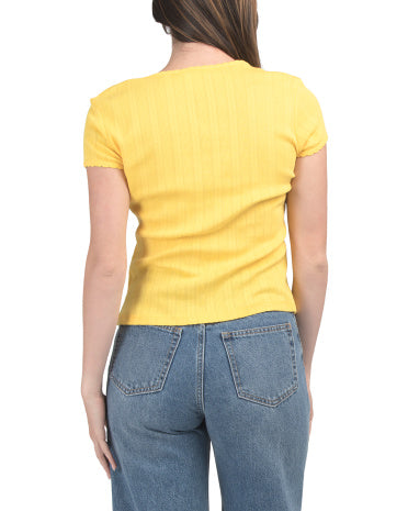 LAURA ASHLEY Qısa Kollu Crew Neck Pointelle Biplə Kənarları Olan Trikotaj Köynək