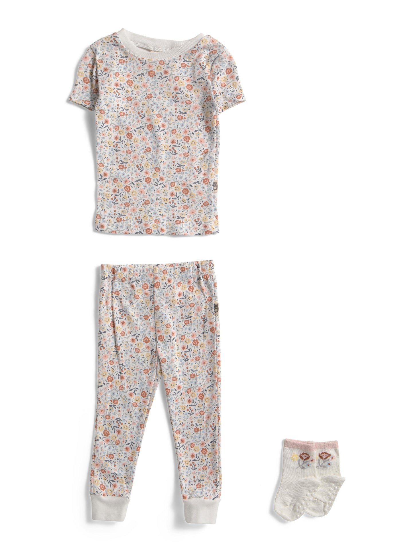 RABBIT AND BEAR ORGANIC Körpə və Balaca Qız 2 Hissəli Çiçəkli Pijama Dəsti Corapla