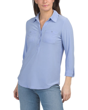 JONES NEW YORK SIGNATURE Üç Çeyrek Cəkili Yarım Düymə Popover Köynək