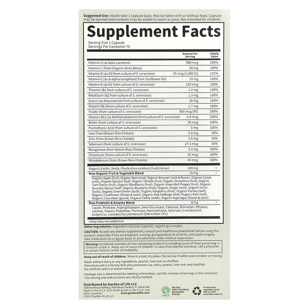 Garden of Life Vitamin Code Raw One Qadınlar üçün Günlük Multivitamin 75 Veqetarian Kapsul