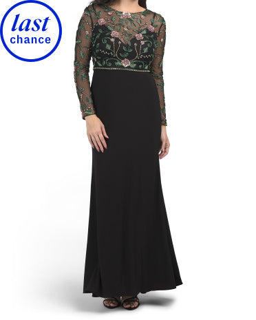 MAC DUGGAL Uzun Kollu 3D Boncuk və Pullu Geyim