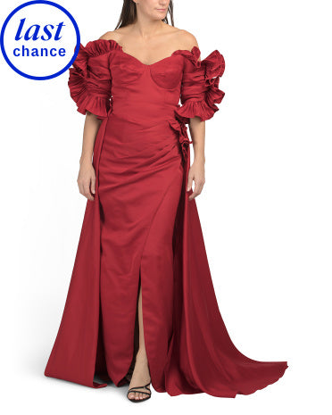 TERANI COUTURE Çiyin Üstü Qat-Qat Fırfırlı Geyim
