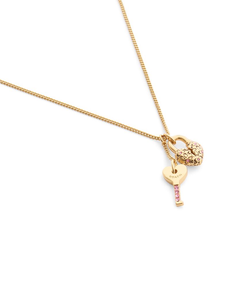 COACH Faux Stone Charming Charms Signature Padlock Key Pendant Necklace