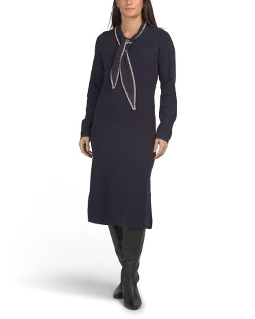 SOLITAIRE Uzun Kollu Bağcıklı Yaka Sweater Geyim Whipstitch Dəzənəklə