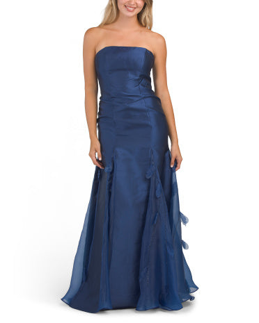 TERANI COUTURE Strapless Faux Feather Embellished Gown