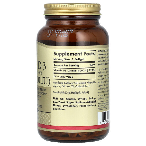 Solgar Vitamin D3 25 Mcg 1000 IU 250 Softgels