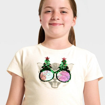 Qız Uşaq Qısa Əslli 'Rəqsi Pişik' Sekvin T-Shirt - Cat & Jack Krem L
