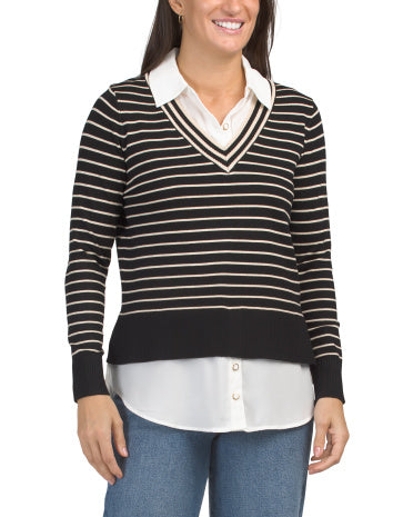 RIO & RIAN Shirt Collar Long Sleeve Striped Twofer Sweater