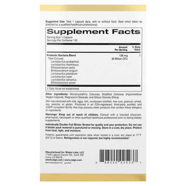 California Gold Nutrition Lactobif 30 Probiotiklər 30 Milyard CFU 120 Veqetarian Kapsul