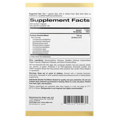 California Gold Nutrition Lactobif 30 Probiotiklər 30 Milyard CFU 120 Veqetarian Kapsul