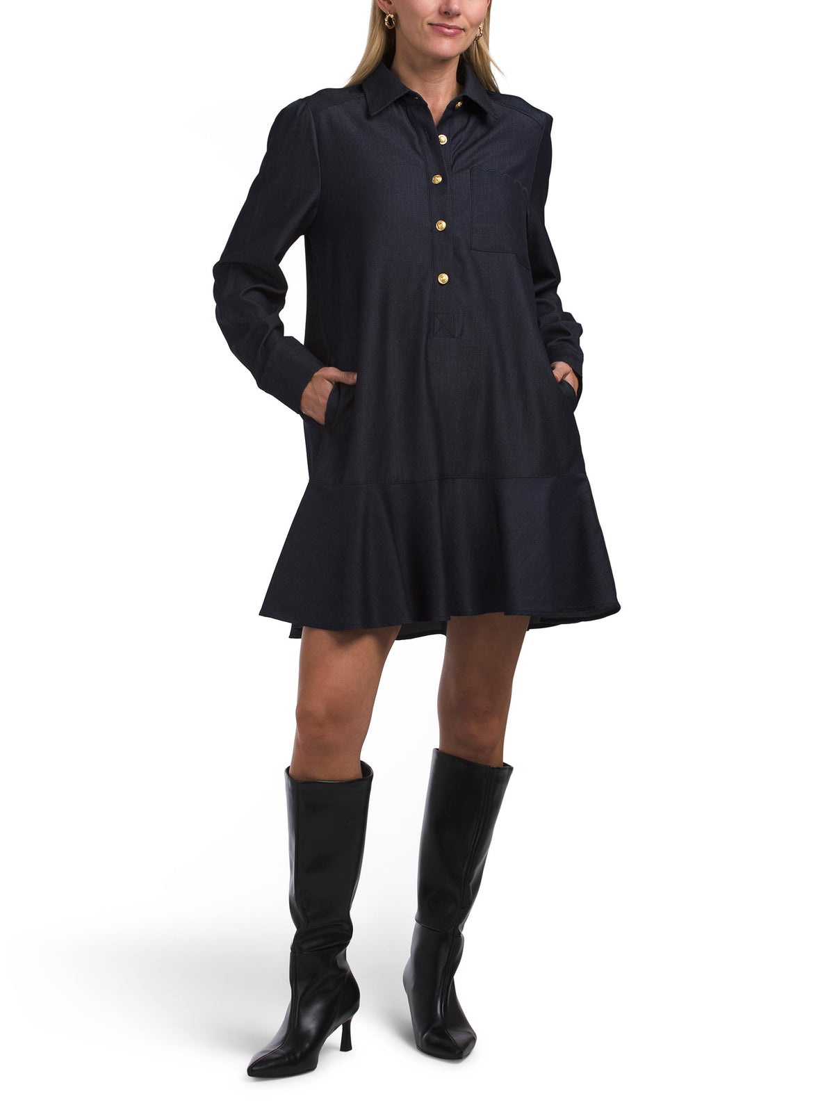 ELLEN TRACY Flounce Hem Denim Köynək Mini Geyimi