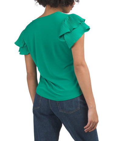 ADRIANNA PAPELL Solid Double Pleated Flutter Sleeve Knit Crepe Bluzka