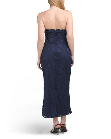 OLEG CASSINI Strapless Stretch Dantel Maxi Geyim Kəmərli