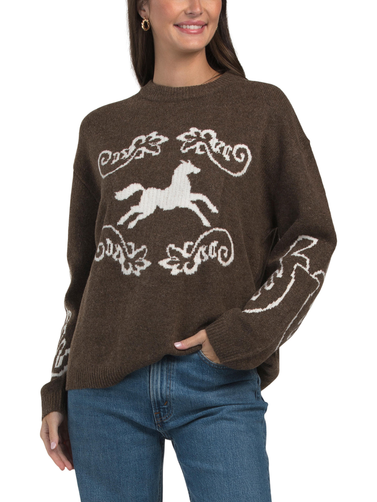 MOON RIVER Horse Crew Neck Sweater Kişi Gündəlik Svitər