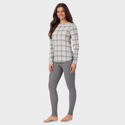 Warm Essentials by Cuddl Duds Qadın Vafli Uzun Qol Crewneck Bluzka - Çəhrayı Kareli S