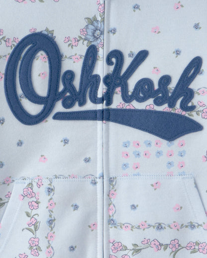 OshKosh Qız Çiçəkli Logo Zip-Up Huddi - Mavi