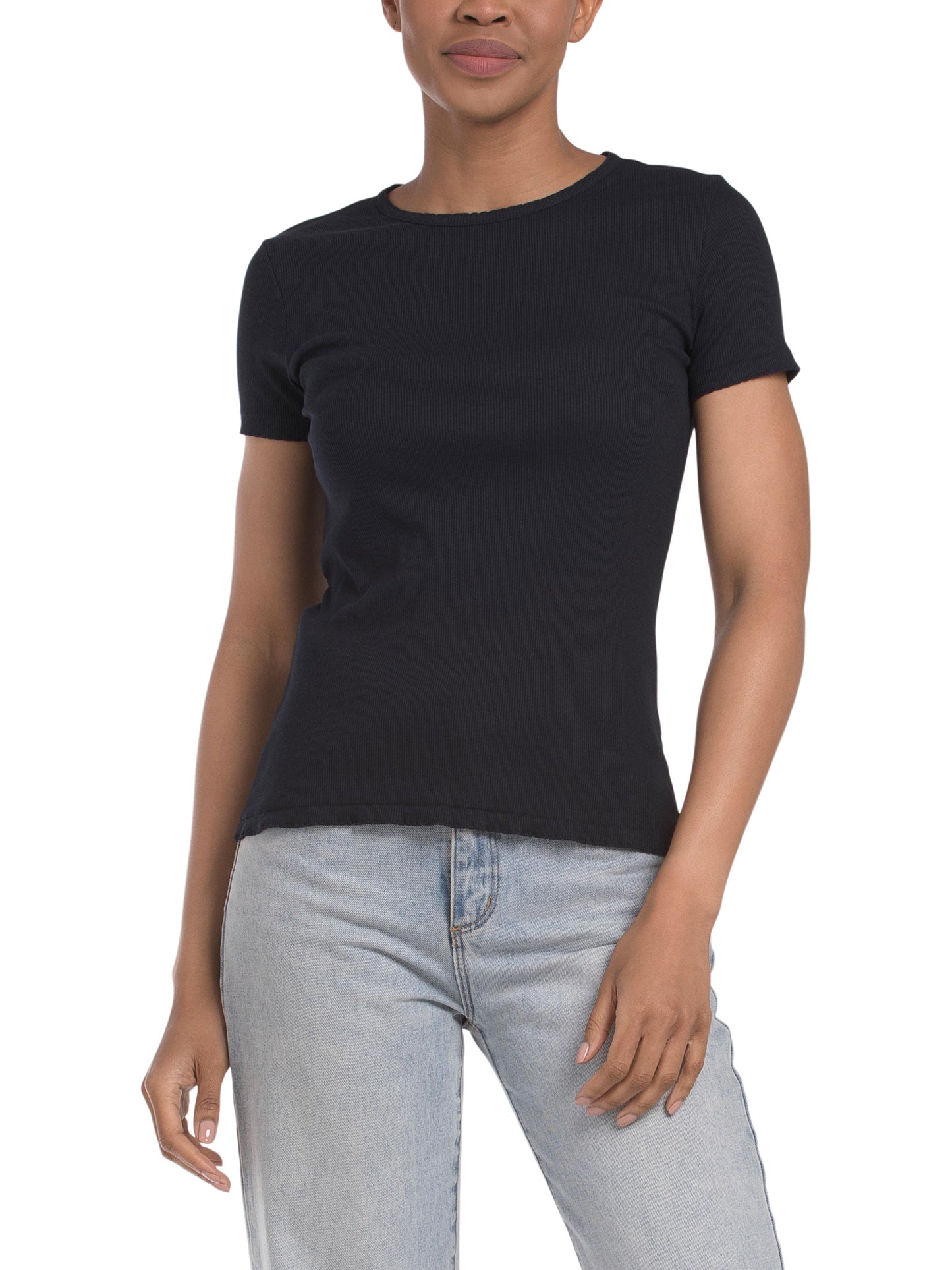 Pima Pambığı Qarışımlı Qısa Tənəkəli Crew Neck Bluzka Orijinal Trim Detalı ilə