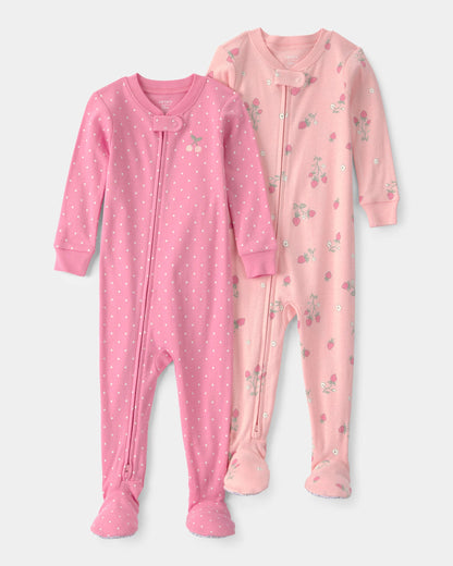 Carter's Qız Uşaq 2-Pack Çiyələk Çiçəkli Rahat Oturan 1-Parça Pijama - Çəhrayı