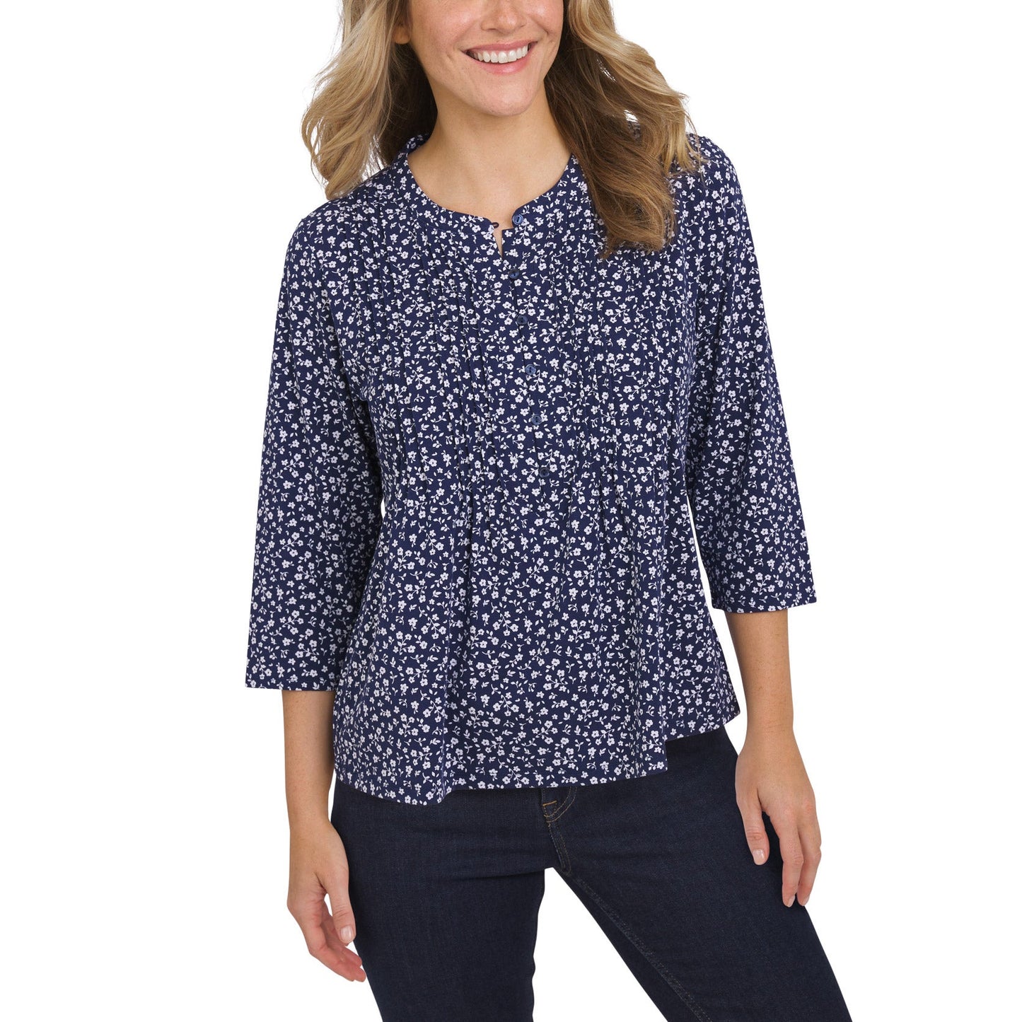 Lands' End Qadın Pintuck 3/4 Tarvətli Bluzka, Tünd Mavi, Orta Ölçü