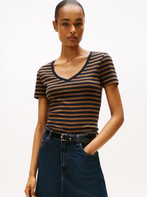 Tommy Hilfiger V Yaxalıqlı Zolaqlı Sevimli Köynək, Tünd Mavi