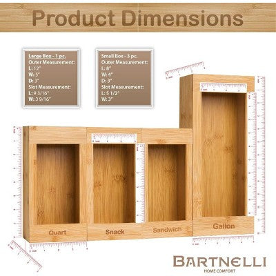 Bartnelli 4-hissəli Bambuk Mətbəx Çekməcə Təşkiledicisi - Gallonlu, Kvartalı, Sendviç və Snack Paketləri Üçün