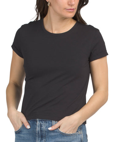 SUNDRY Pima Pamuk Qarışığı Qısa T袖li Crew Neck Baby Tee Çevrilmiş Manşetləri ilə