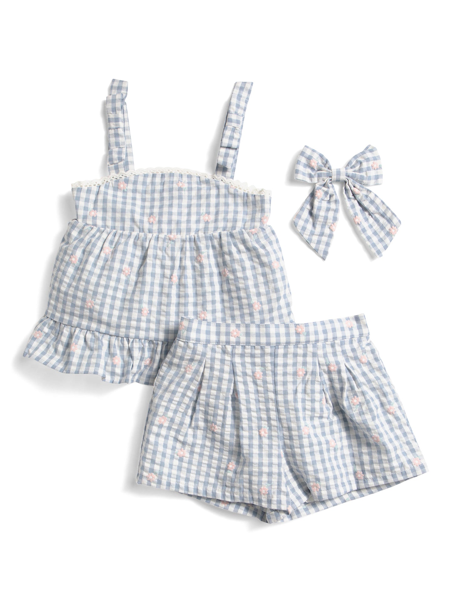 Toddler Girls 2-Hissə Çubuqlu Kareli Şalvar Dəsti Papillonla