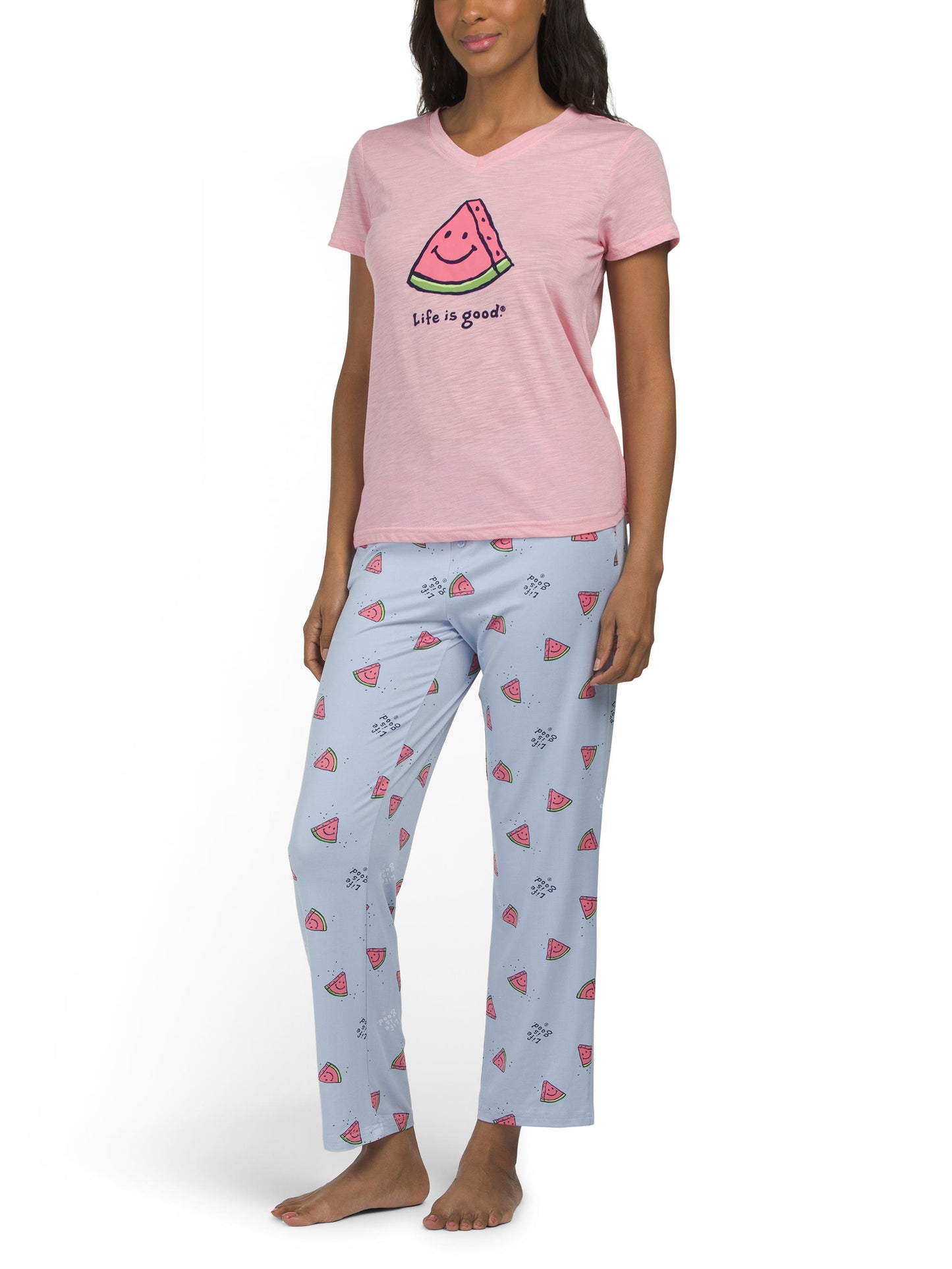LIFE IS GOOD 2-Parça Qarpız V-Boyunlu Bluzka və Kaprı Pijama Dəsti