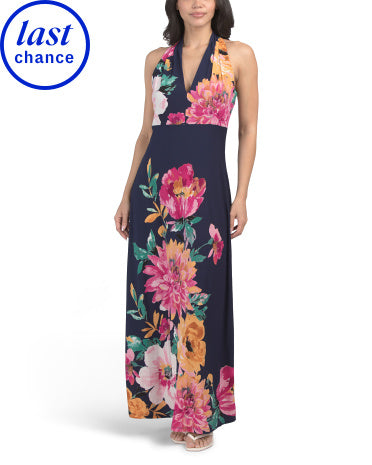 LONDON TIMES Halter V-neck Maxi Geyim Placement Print ilə