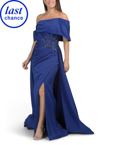 TERANI COUTURE Off The Shoulder Çiçəkli Paillətli Boncuklu Geyim
