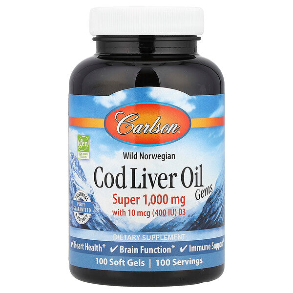 Carlson Wild Norwegian Cod Liver Oil Gems 1000 mg 100 Soft Gels
