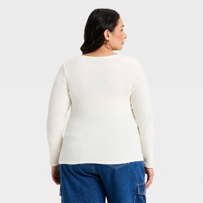 Ava & Viv Qadın Uzun Kollu Skoop Boyunlu Henley Üst - Yaşıl 3X
