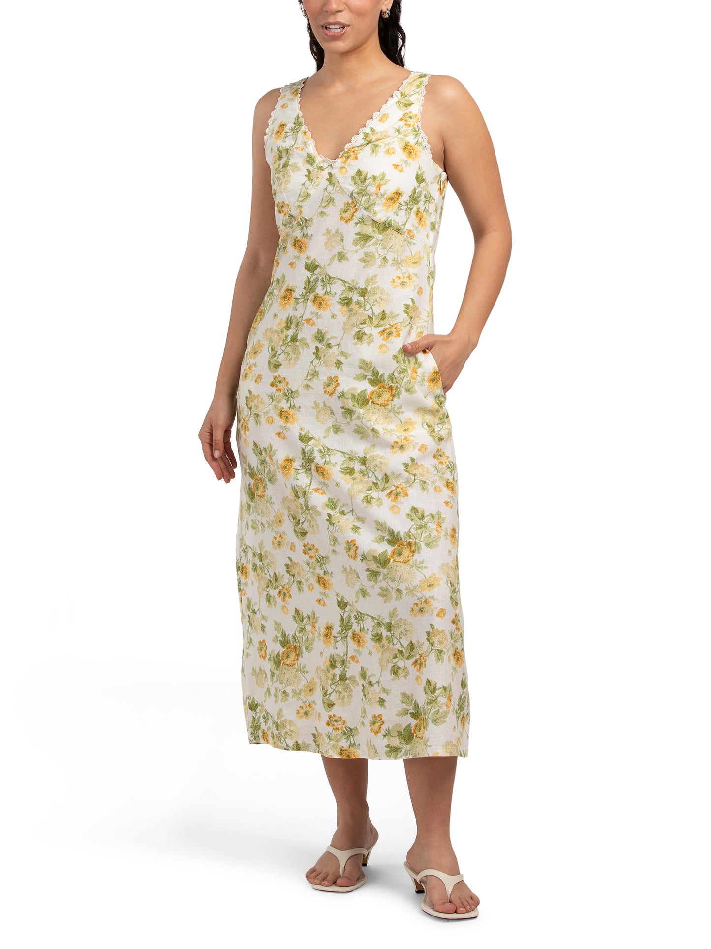 LAURA ASHLEY Organic Linen Blend Dantel Detal Çiçək Motivli Maksı Geyim