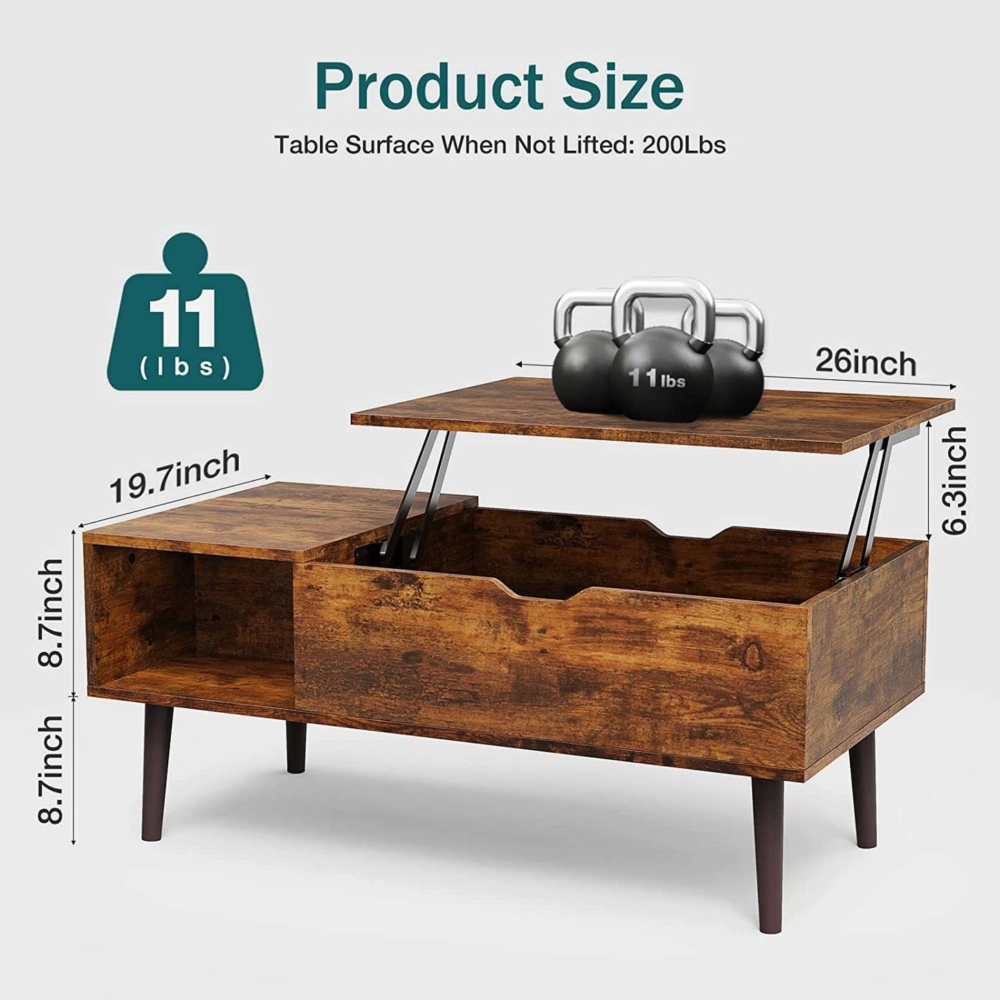 edx Tənzimlənən Hündürlüklü Ağac Qəhvə Masası Gizli Bölmələr və Rəflərlə - Kiçik Evlər üçün İdeal, Pas Qəhvəyi YoxYox
