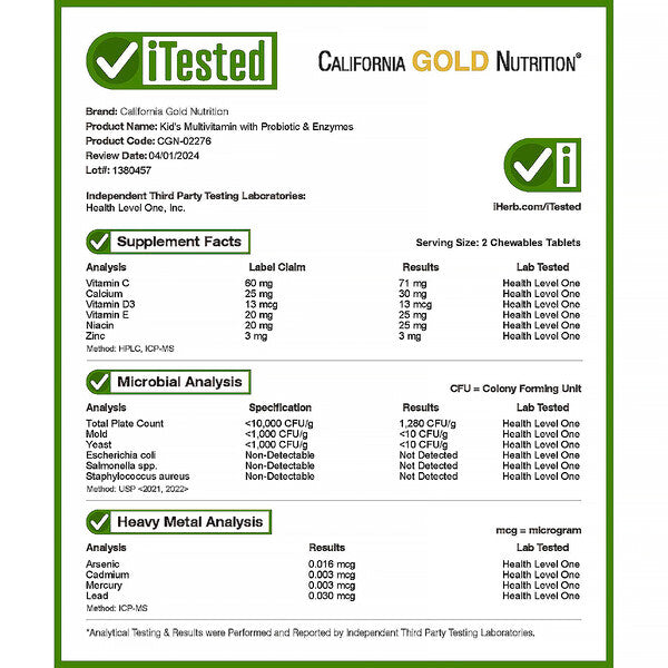California Gold Nutrition Uşaq üçün Çevrilən Multivitaminlər Probiotiklər və Enzimlərlə