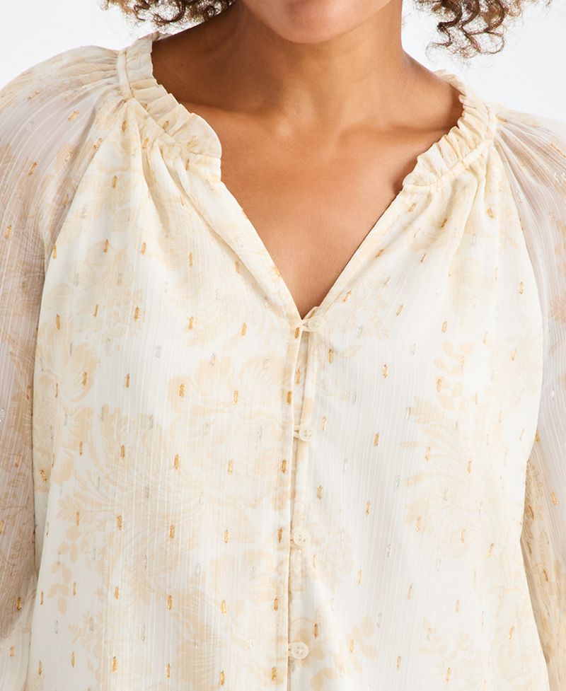 Style &amp; Co Petite Çiçəkli Parlaq Qırışlı Düymə Açılı Bluzka