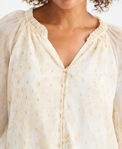 Style &amp; Co Petite Çiçəkli Parlaq Qırışlı Düymə Açılı Bluzka