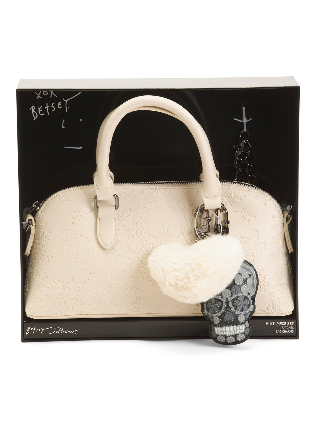 BETSEY JOHNSON Skulls East West Satchel Ayırıla Biləcək Kəllə və Ürək Bəzəkləri ilə