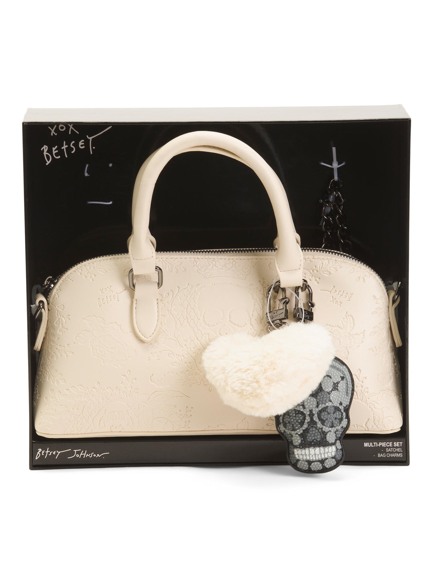 BETSEY JOHNSON Skulls East West Satchel Ayırıla Biləcək Kəllə və Ürək Bəzəkləri ilə
