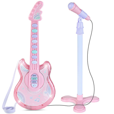 Best Choice Products 19in Uşaq Fləş Gitarası, Mikrofon və Stend ilə Kiçik Uşaqlar üçün Musiqi Oyuncağı - Yumşaq Çəhrayı