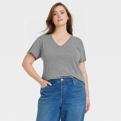 Universal Thread Qadın Qısa Kollu V-Boyun T-Shirt Boz XXL